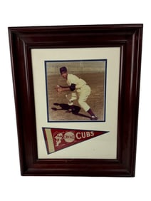VIntage Chicago Cubs Ernie Banks Photo and Pennant with Frame 17"x21"