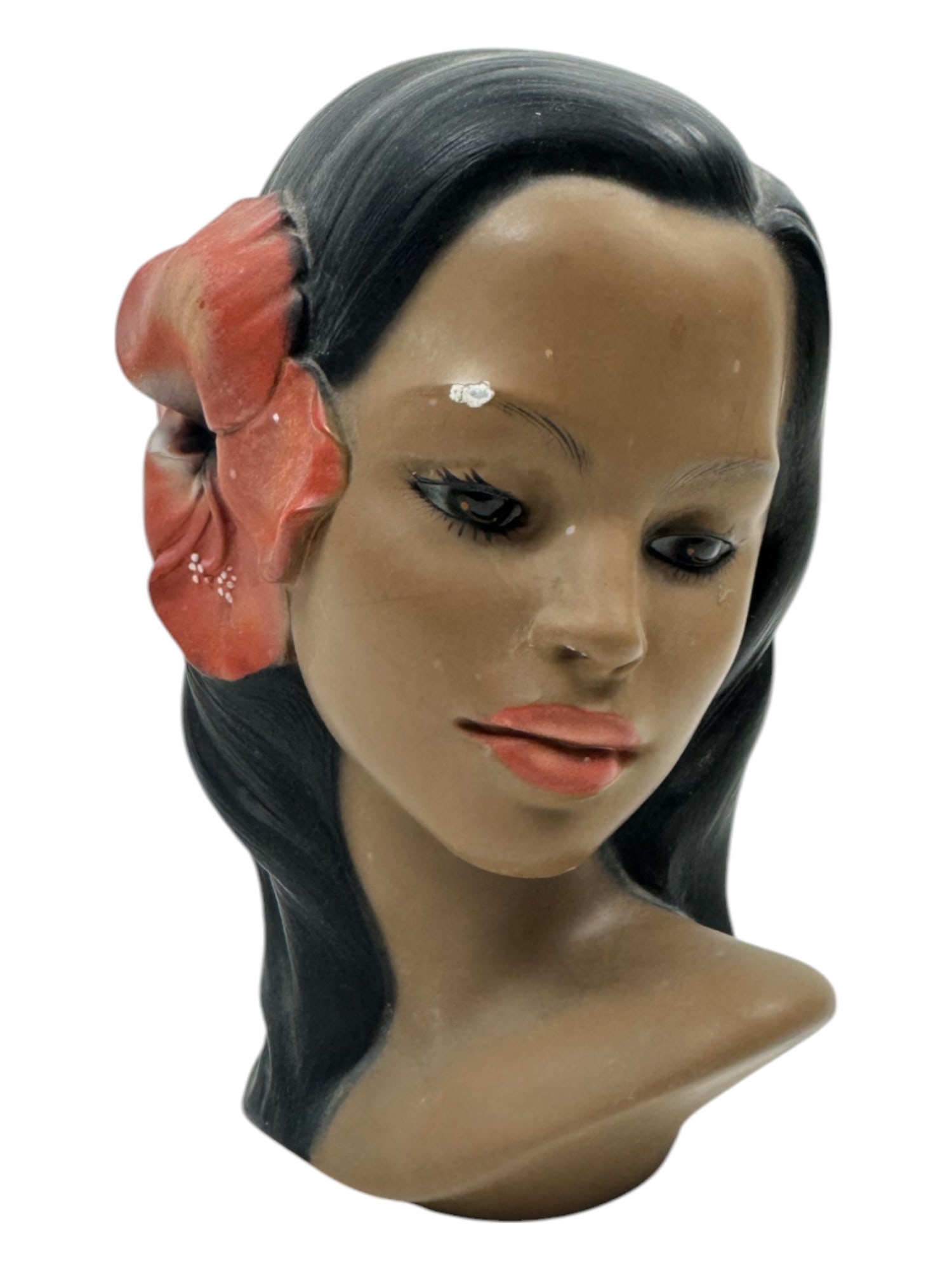 Mid-Century Marwal Hawaiian Polynesian Chalkware Lady w/ Hibiscus Flower Bust Sculpture (1 of 6)