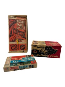 Vintage Remco Light Bulldog Tank 706, 1970 Milton Bradley Baseball Card Game and more Collection Lot