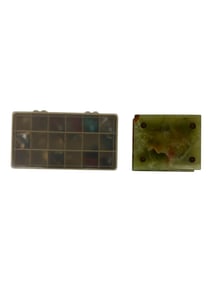 Vintage Green Onyx Jewelry Box 4"x5" and Box of Trinkets