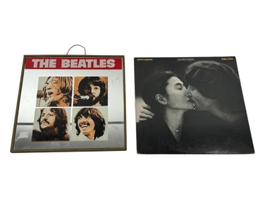 Vintage Beeatles "Let it Be" Mirror Poster & Double Fantasy Vinyl Record Lot