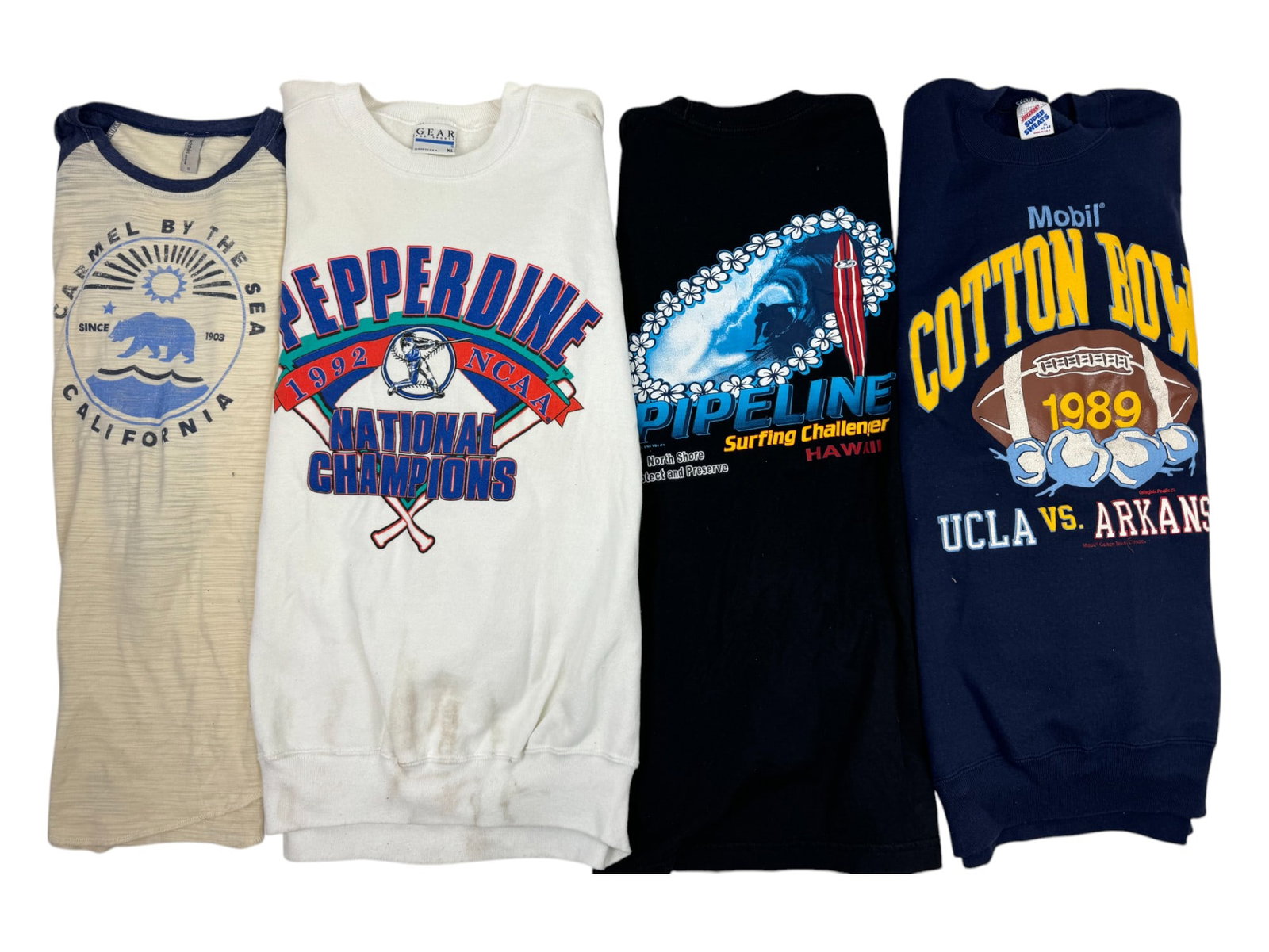 Vintage Sports Sweater, Long Sleeve Shirt Collection Lot: Vintage Sports Sweater Cotton Bowl 1989 Size XL, Pepperdine 1992 NCAA Size XL, Long Sleeve Shirt Pipeline Surfing Challenger Hawaii Size XL, Carmel by the Sea Size S Collection Lot