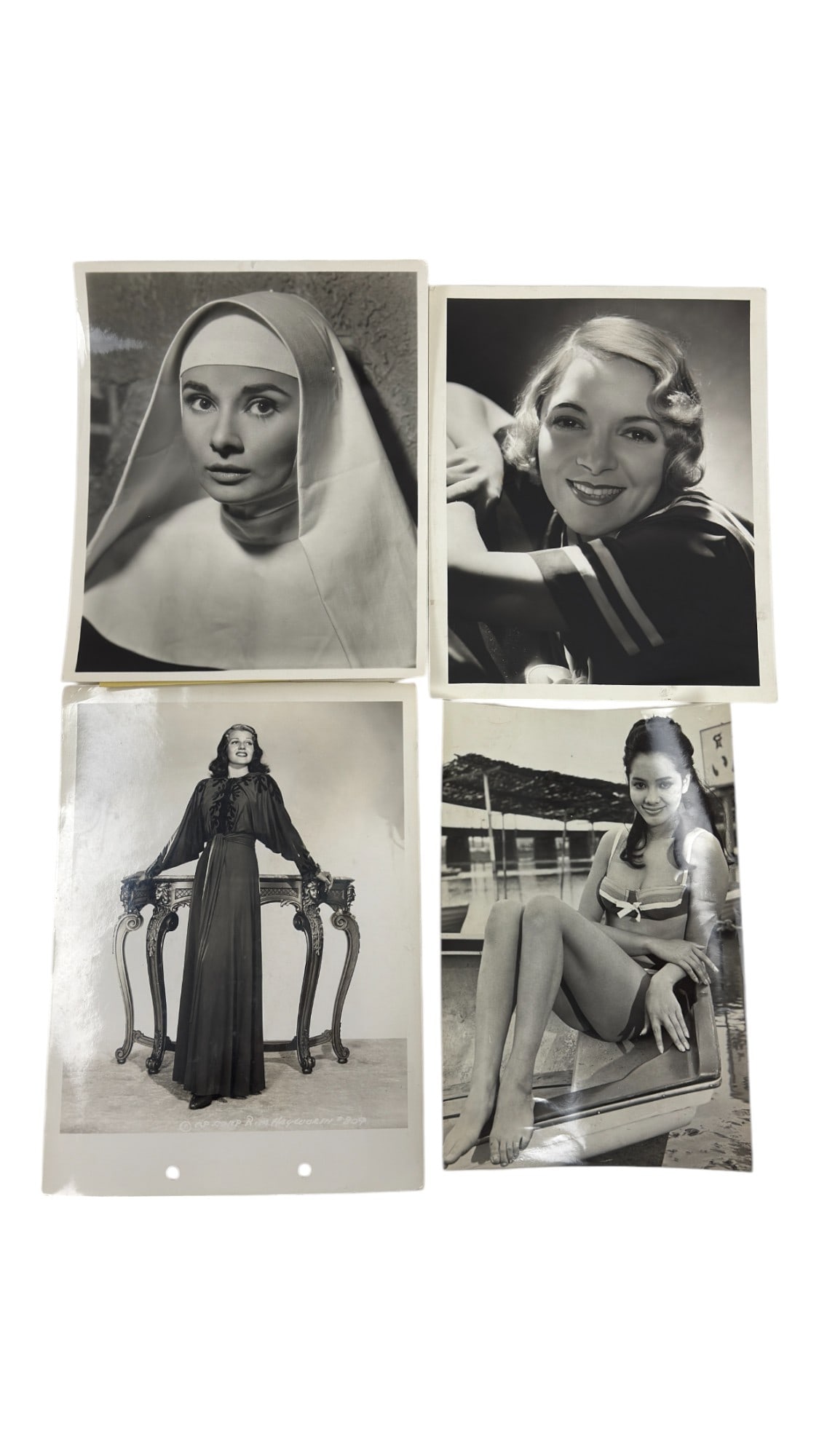 Original B&W Photographs of Audrey Hepburn, Helen Hayes, Mie Hama, Rita Haywoth Collection Lot: Original Warner Bros. Studion B&W Photograph of Audrey Hepburn, Helen Hayes by George Hurrell, 1966 Mie Hama Stamped, Rita Hayworth by Whitey Schafer Collection Lot of 4 8"x10"