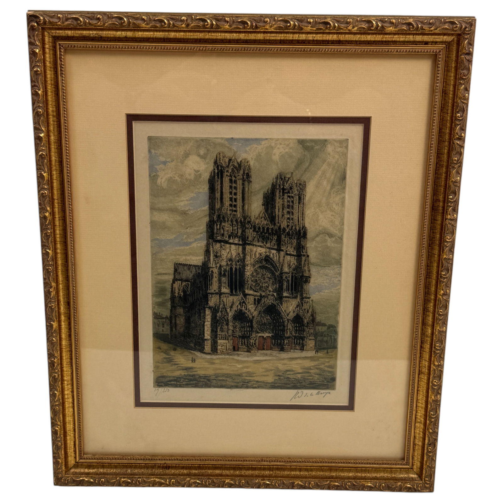 Vintage De La Broye Reims Cathedral Place du Parvis Etching Framed