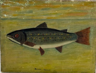 Oil on Canvas Painting Brook Trout by P. Dunwald