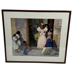 Edie Dunlap Watercolor Oil Pastel Painting Mexican/Carbbean Market Scene