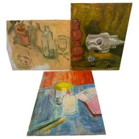 Vintage Oil on Canvas Paintings Mounted to Board