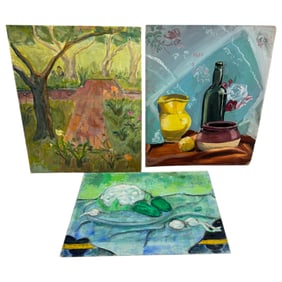 Vintage Oil on Canvas Paintings Mounted to Board
