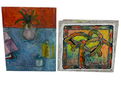 Vintage Oil on Canvas Paintings Mounted to Board