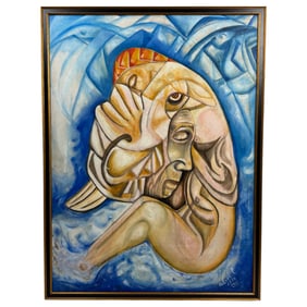 Mexican Oil on Canvas - El Ultimo Sueno de Picasso - Paloma y Franton 1974 Painting