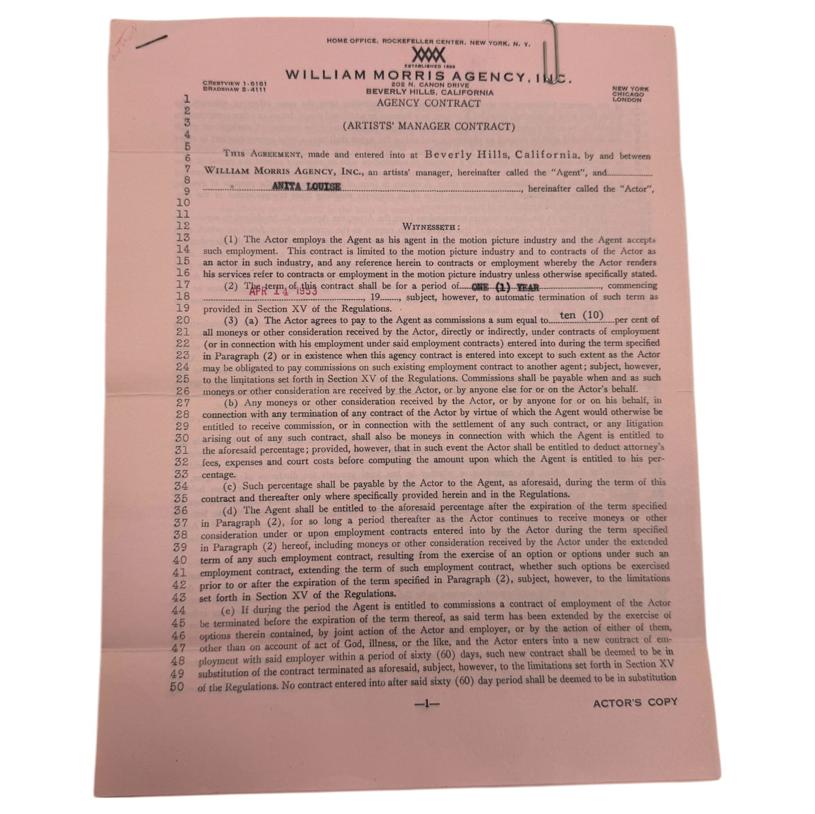 Anita Louise 1953 Hand Signed Agency Contract (1 of 5)