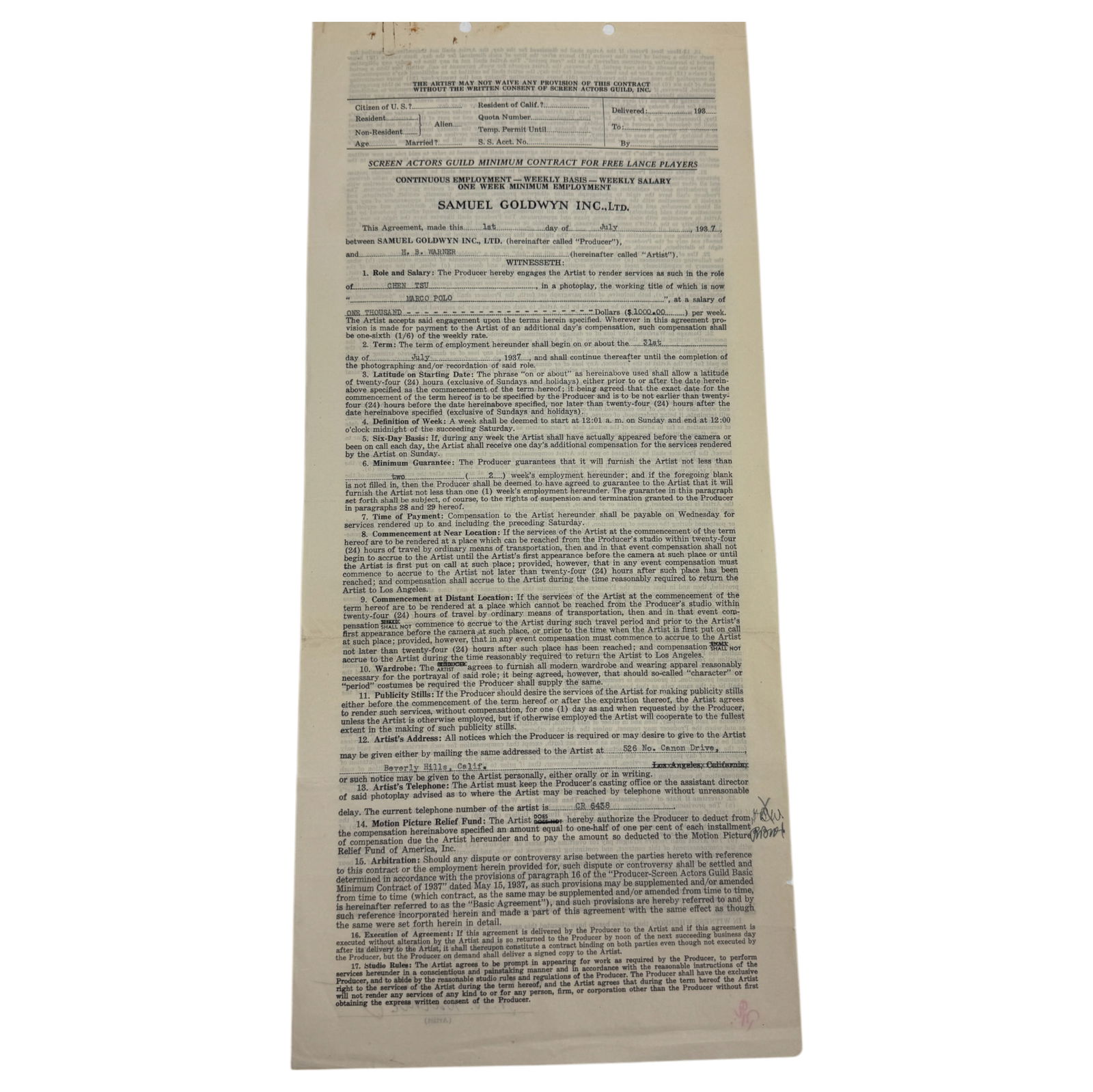 Samuel Goldwyn Inc Contract Agreement Signed byH.B. Warner (1 of 4)