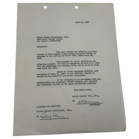 1937 Walter Wanger Productions and Samuel Goldwyn Inc Typed and Hand Signed Document