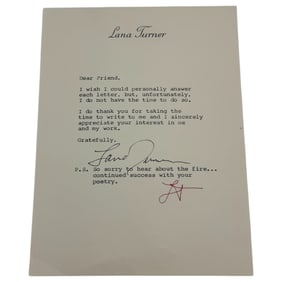 Lana Turner Typed and Hand Signed Letter