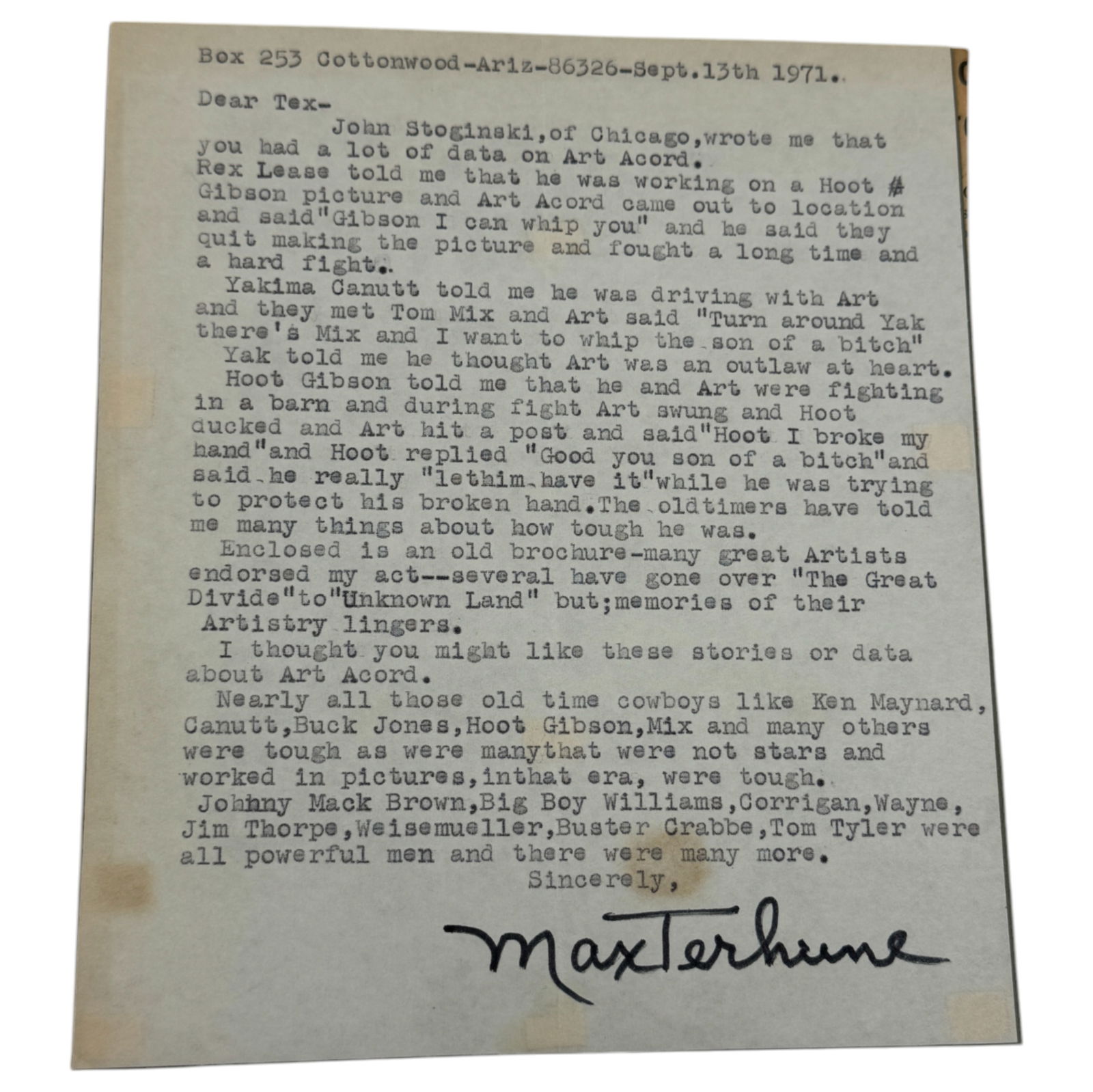 Max Terhune Typed and Hand Signed Letter to Tex Ritter 1971 (1 of 2)