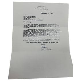 1981 Budd Schulberg Signed Letter to Frank Liberman