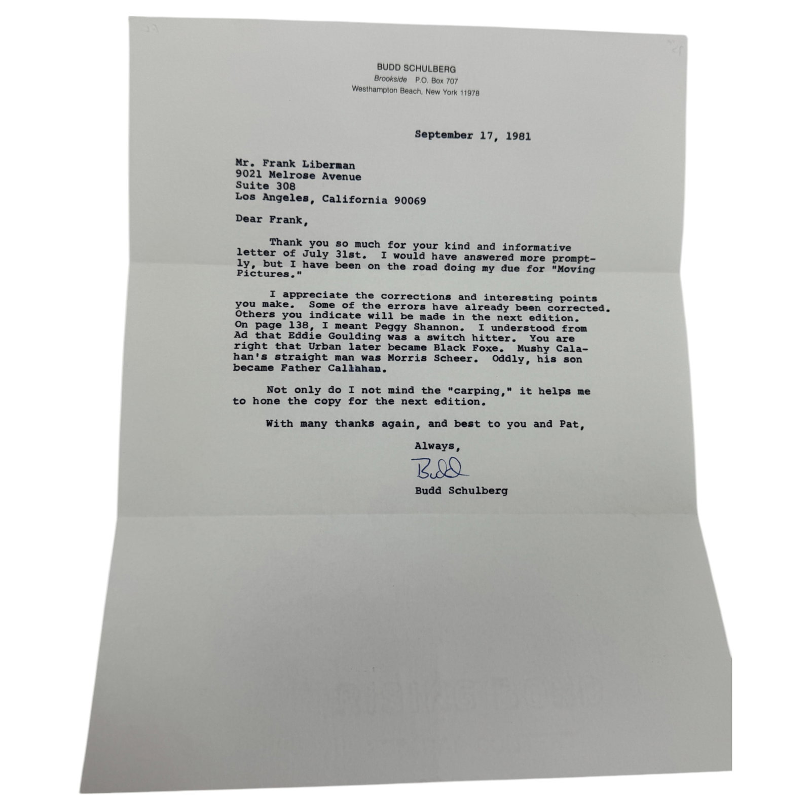 1981 Budd Schulberg Signed Letter to Frank Liberman: 1981 Budd Schulberg Signed Letter to Frank Liberman