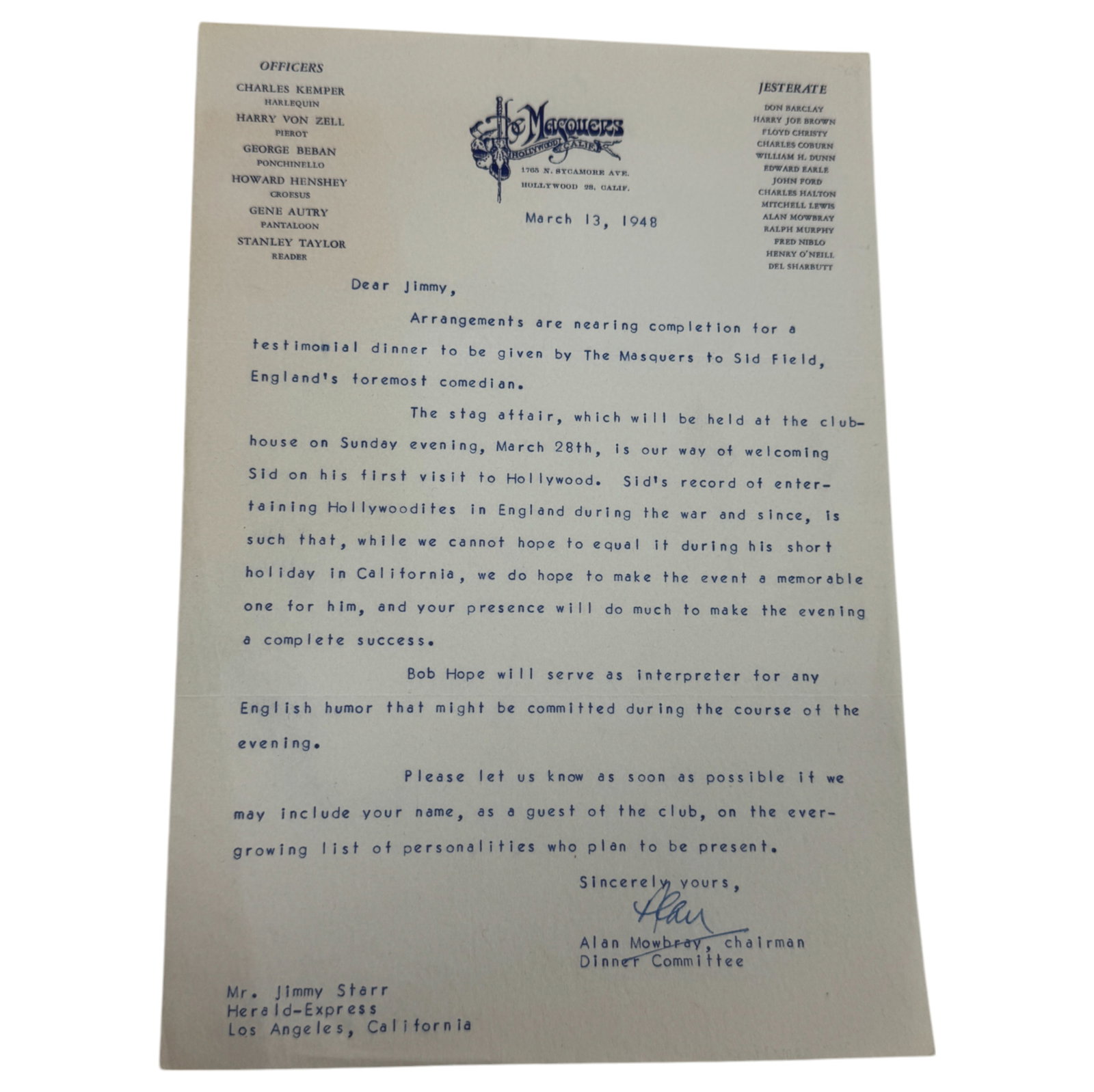 1948 Alan Mowbray Hand Signed Letter to Jimmy Starr: 1948 Alan Mowbray Hand Signed Letter to Jimmy Starr