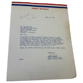 Jimmy McHugh 1963 Hand Signed Letter to Sig Sakowicz