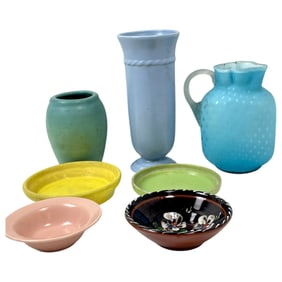 Antique Victorian Blue Glass Pitcher and US Pottery Lot