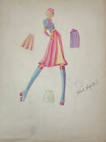 VINTAGE Karl Lagerfeld  Fashion Sketch Colored Pencil Drawing 1970s