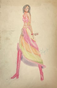 VINTAGE Karl Lagerfeld  Fashion Sketch Colored Pencil Drawing 1970s