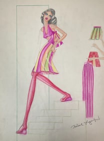 VINTAGE Karl Lagerfeld  Fashion Sketch Colored Pencil Drawing 1970s