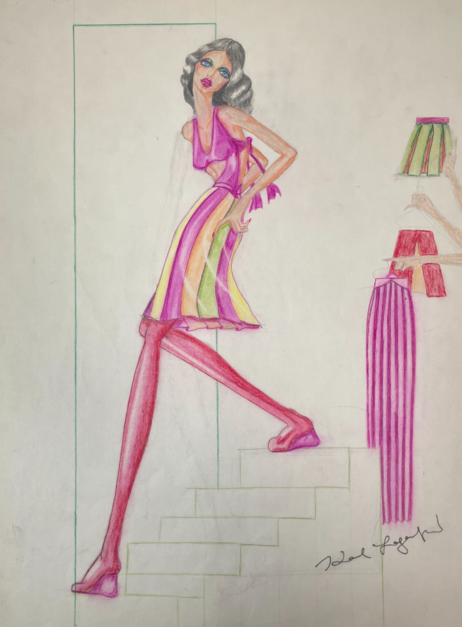 VINTAGE Karl Lagerfeld  Fashion Sketch Colored Pencil Drawing 1970s (1 of 7)