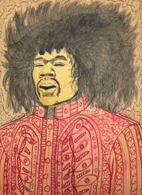 VINTAGE Original Hand Drawing on Paper by Dwight Russ Signed front and Back JIMI HENDRIX