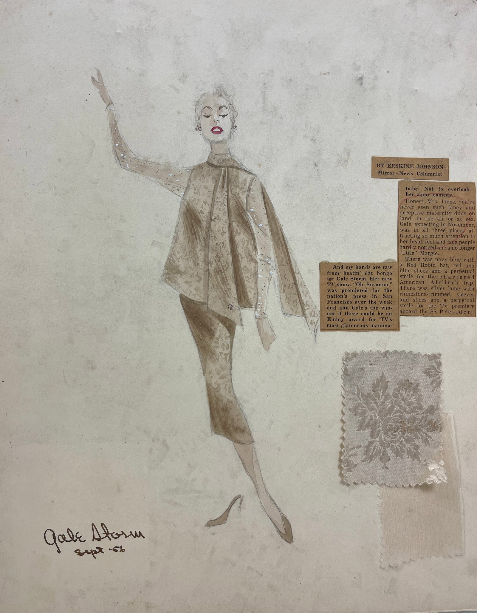 Vintage Sketch Art Costume Design Drawing Production by Bob Robert Carlton of Gale Storm: Vintage Sketch Art Costume Design Drawing Production by Bob Robert Carlton of Gale Storm - Sept 56 - 11"X14"