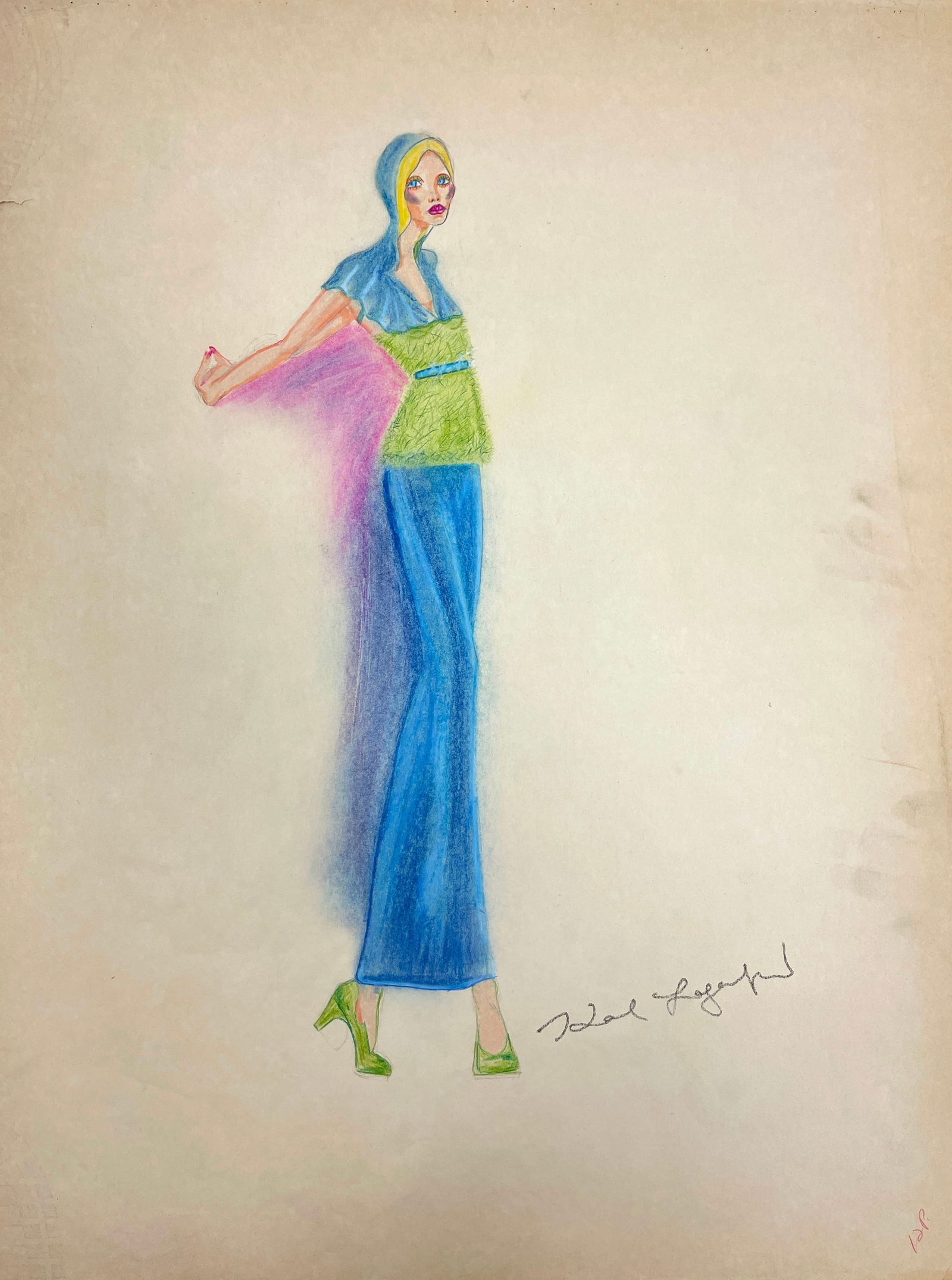 VINTAGE Karl Lagerfeld Fashion Sketch Colored Pencil Drawing 1970s (1 of 4)