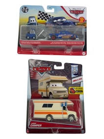 Disney Pixar Cars Larry Camper, Double Clutch Daley & Dirt Track Fabulous Hudson Hornet Toy Lot of 2