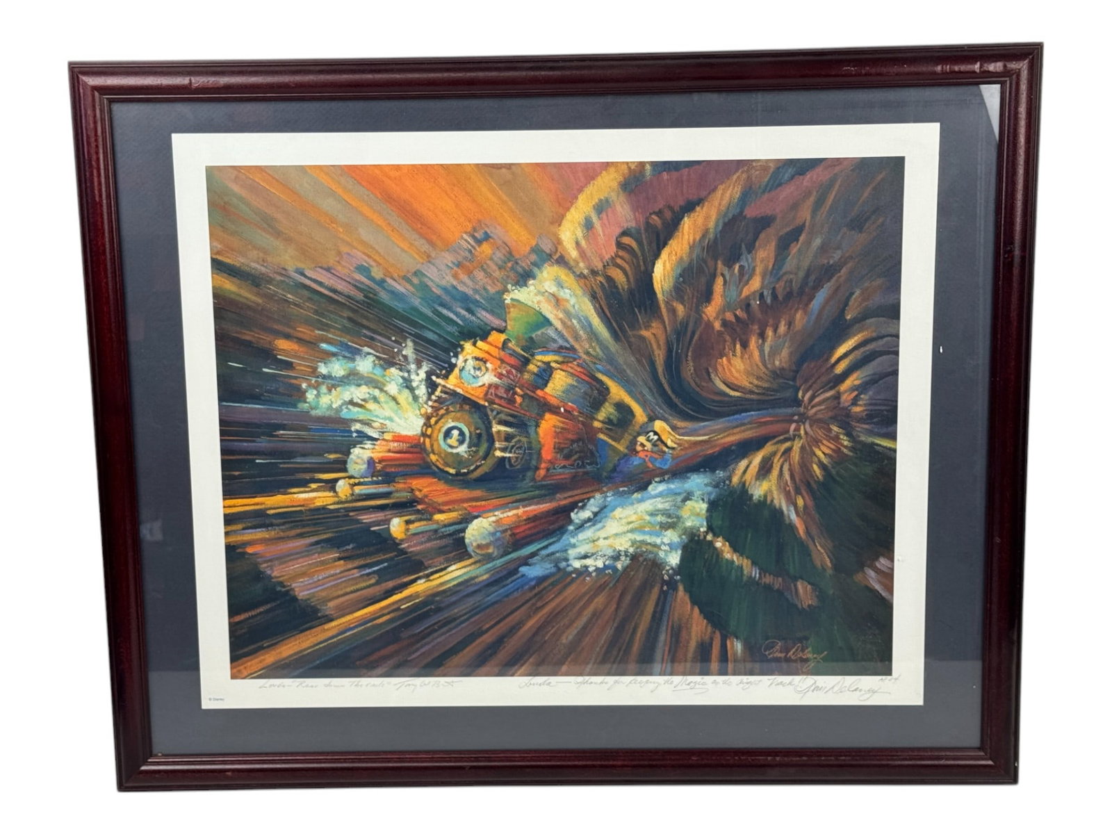 Original Tim Delaney Disney Goofy Train Pencil Signed and Number AP 04: Original Tim Delaney Disney Goofy Train Pencil Signed and Number AP 04. Personally inscribed by Tim Delaney. Also signed and inscribed by Tony WB. Size: 30" x 24.5" framed.