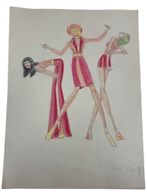 VINTAGE Karl Lagerfeld Fashion Sketch Colored Pencil Drawing 1970s