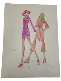 VINTAGE Karl Lagerfeld Fashion Sketch Colored Pencil Drawing 1970s