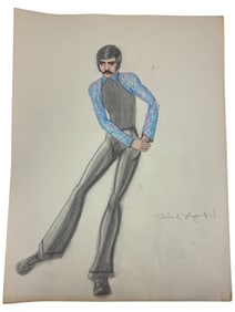VINTAGE Karl Lagerfeld Fashion Sketch Colored Pencil Drawing 1970s