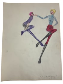 VINTAGE Karl Lagerfeld Fashion Sketch Colored Pencil Drawing 1970s