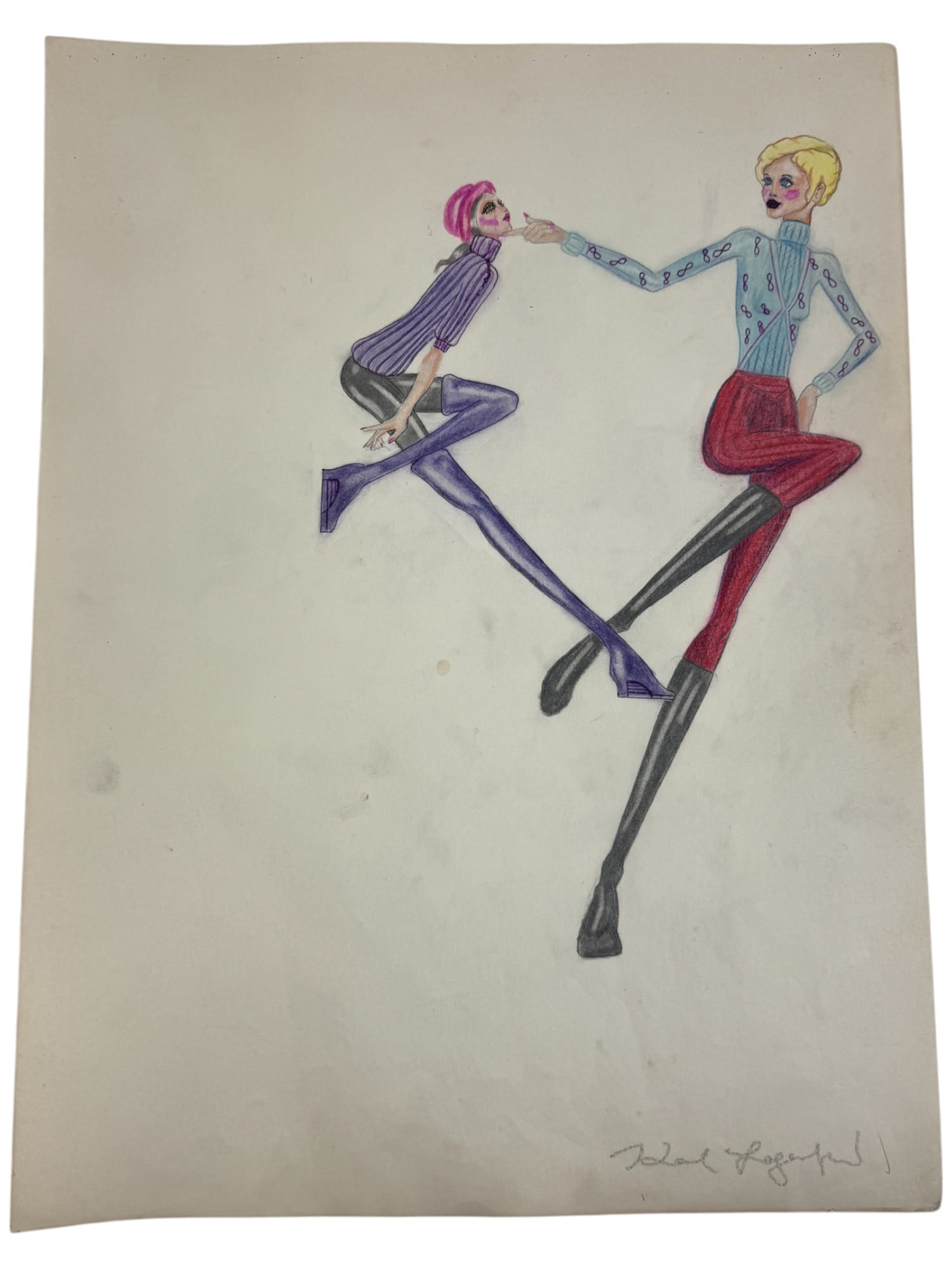 VINTAGE Karl Lagerfeld Fashion Sketch Colored Pencil Drawing 1970s (1 of 5)