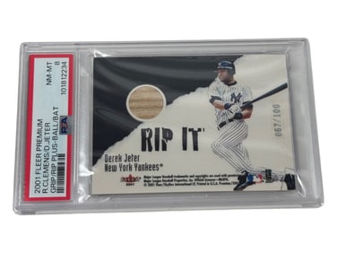 2001 Fleer Premium Roger Clemens Derek Jeter Grip/Rip Plus Ball/Bat PSA 8