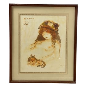 Etienne Roger Ret Female Portrait Gouache Painting on Paper Signed and dated 1962