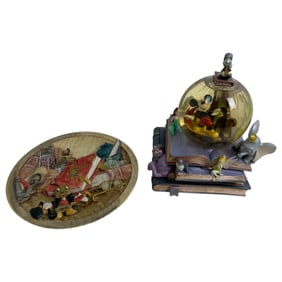 Disney Pinocchio LE Plate 0447 and Disney Mickey Mouse 7th Ann. Snow Globe with Tune