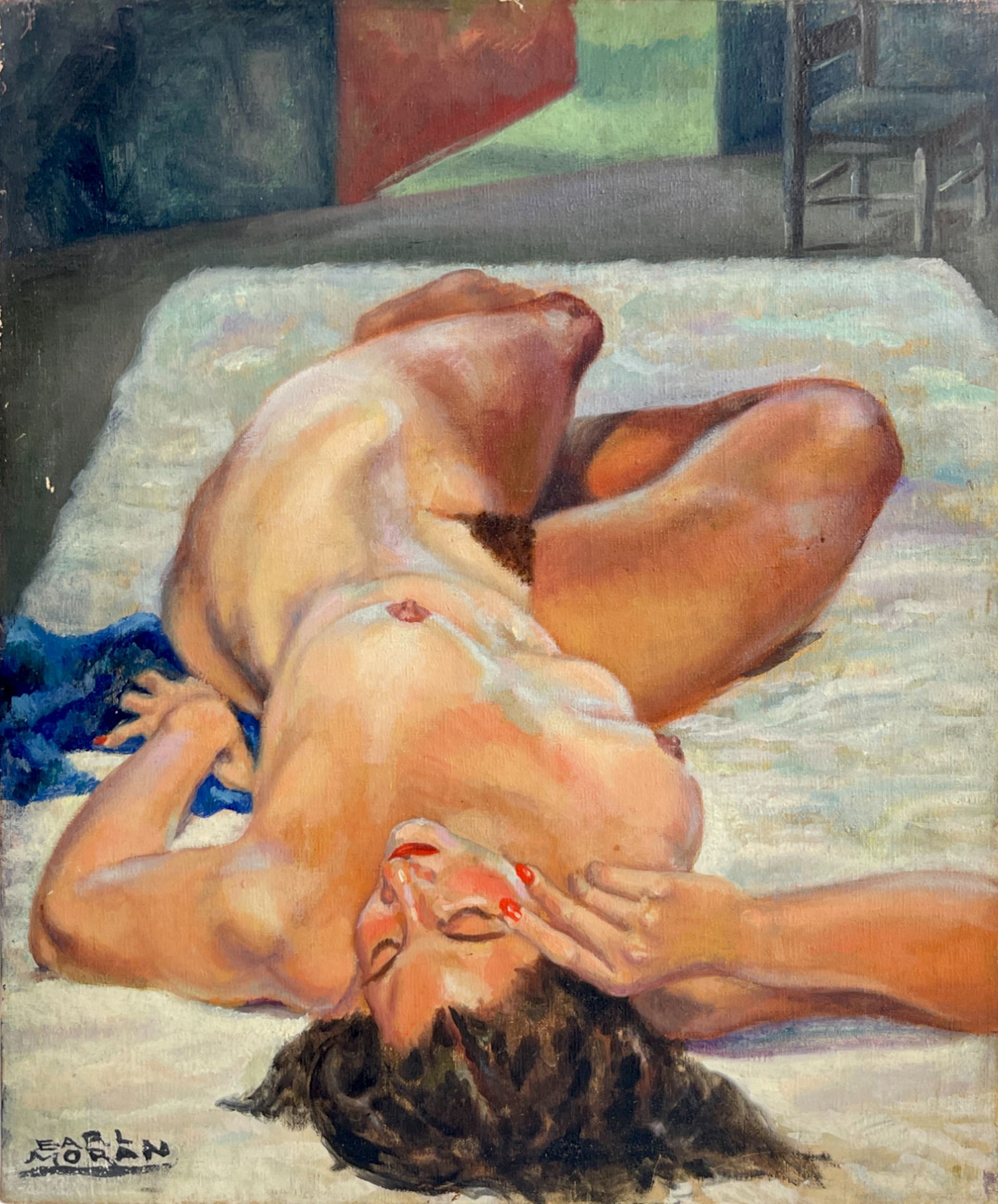 Acrylic Painting on Canvas Signed by Earl Moran (American, 1893-1984) Nude Woman Study: Acrylic Painting on Canvas Signed by Earl Moran (American, 1893-1984) Nude Woman Study 20" x 24"