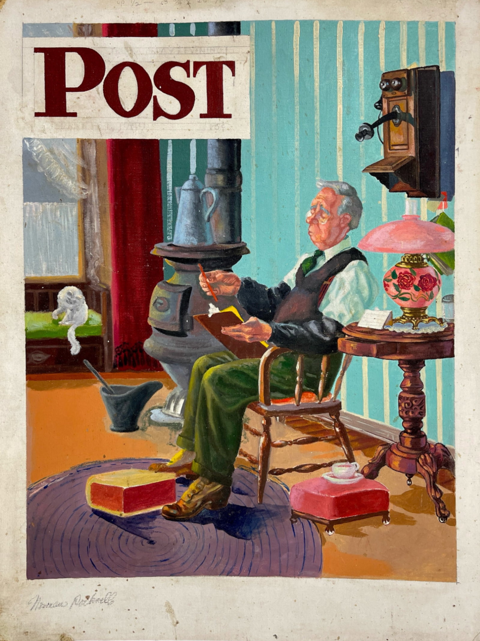 Norman Rockwell POST MAGAZINE ILLUSTRATION ART: VINTAGE POST MAGAZINE ILLUSTRATION ART OIL ON CANVAS BOARD signed by Norman Rockwell 18" x 24"
