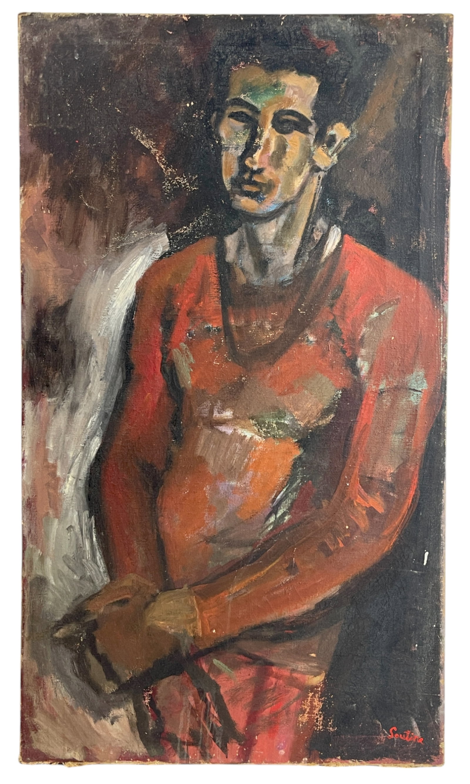 Old Oil Painting on Canvas Man Sitting on Chair Signed Soutine: Old Oil Painting on Canvas Man Sitting on Chair Signed Soutine 24" x 42"