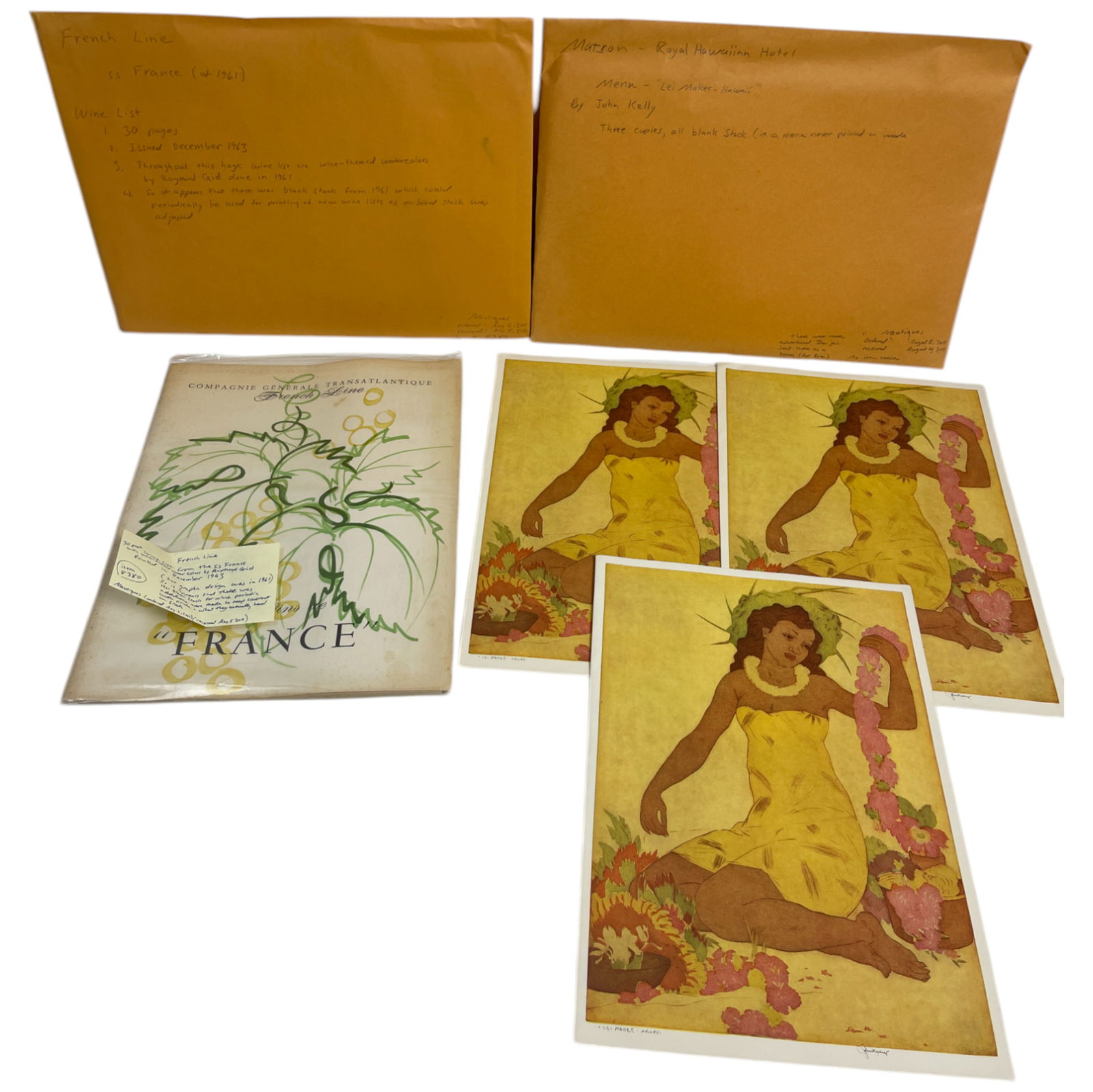 Matson Royal Hawaiian Hotel Menu Featuring Lei Maker, Hawaii by John Kelly and 1961 French Line wine: A beautifully designed vintage Matson Royal Hawaiian Hotel menu, featuring the iconic "Lei Maker, Hawaii" artwork by renowned artist John Kelly. Known for his evocative depictions of Hawaiian culture,