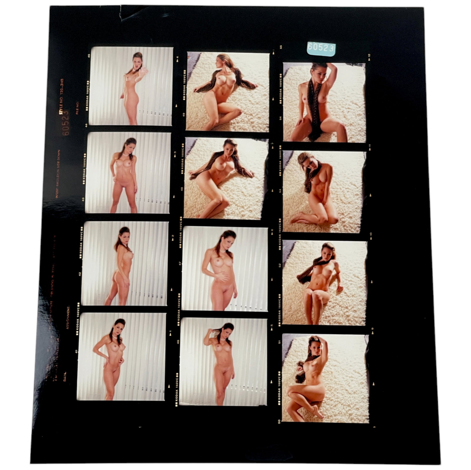 Vintage Nude Pin-Up Erotic Contact Sheet – Movie Actress (10" x 12") Numbered Professional: A rare and original vintage 10" x 12" professional contact sheet, featuring nude pin-up and erotic photographs of a movie actress in various poses. This numbered contact sheet offers a behind-the-scen