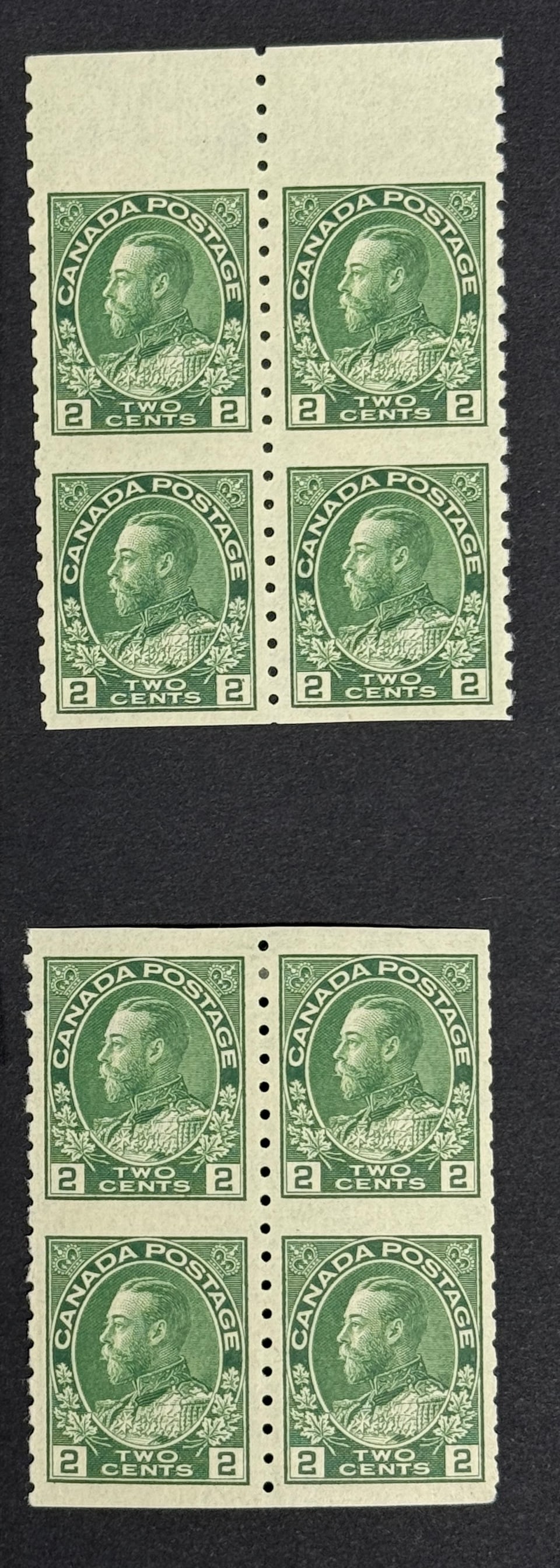 1922-1925 King George V in Admiral Uniform Green Stamp Blocks: 1922-1925 King George V in Admiral Uniform Green Stamp Blocks. 2 blocks of 4 stamps. Never hinged.
