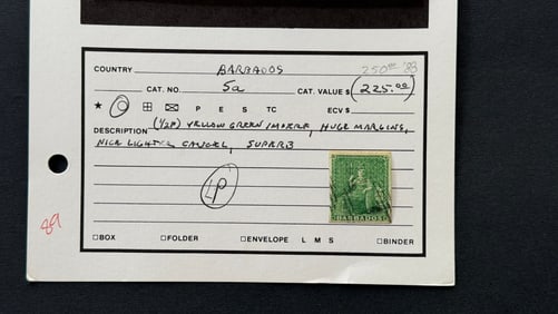 1852-1858 Britannia Green Imperforated Barbados Imperforated Stamp