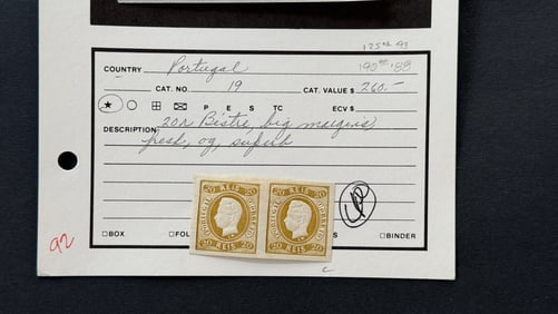 1866-1867 King Luis I Imperforated Brown Stamp Block of 2