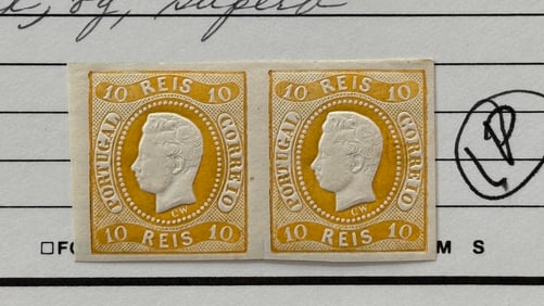 1866-1867 King Luis I Yellow Imperforated Stamp Block of 2
